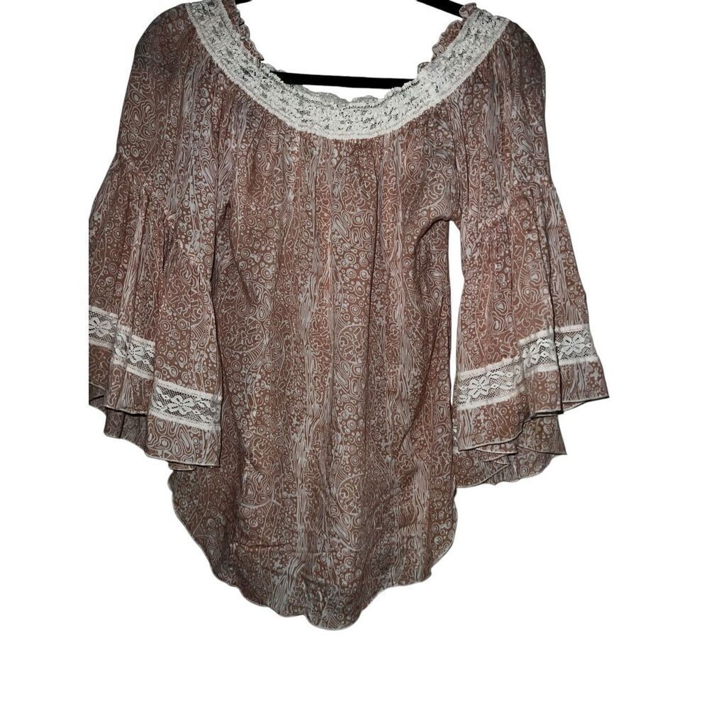 Boho Paisley Lace Trim Blouse – Brown Flowy Ruffle Sleeve Top